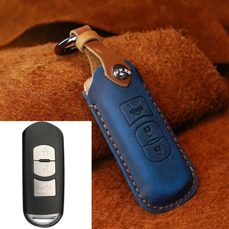 For Mazda Old Style Hallmo Car Cowhide Leather Key Protective Cover Key Case, Three Keys Version(Blue)