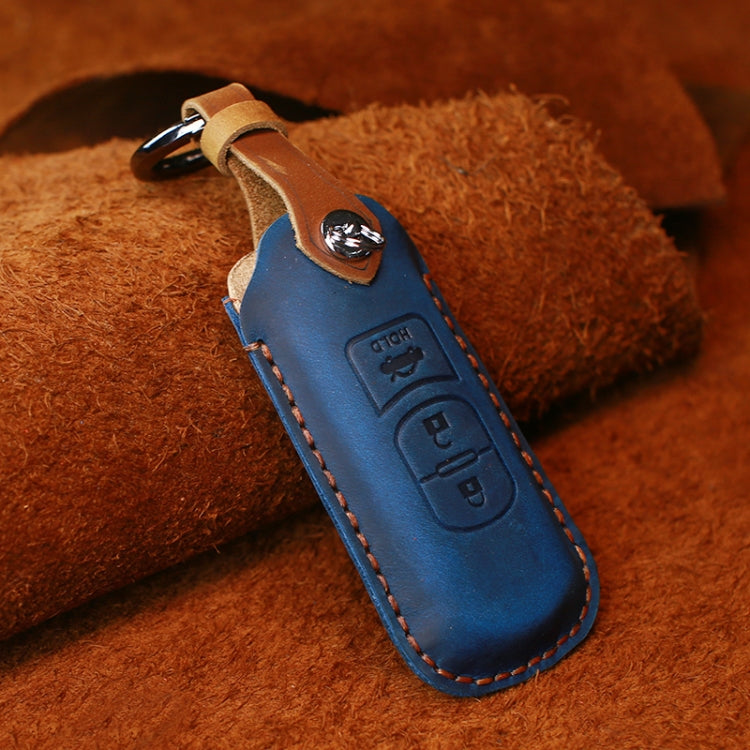 For Mazda Old Style Hallmo Car Cowhide Leather Key Protective Cover Key Case, Three Keys Version(Blue)