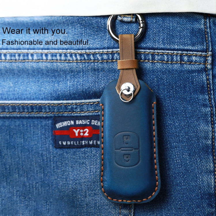For Mazda Old Style Hallmo Car Cowhide Leather Key Protective Cover Key Case, Three Keys Version(Blue)