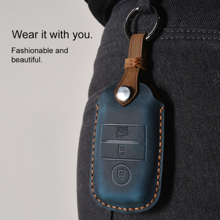 For Kia Old Style Car Cowhide Leather Key Protective Cover Key Case (Blue)