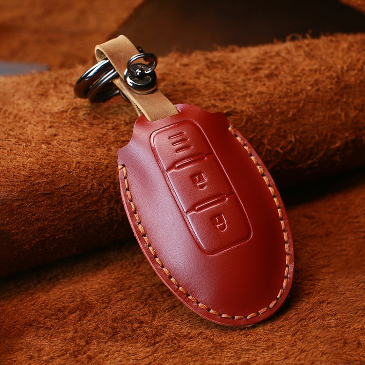 For Nissan Car Cowhide Leather Key Protective Cover Key Case, Three Keys Horizontal Line Version (Red)