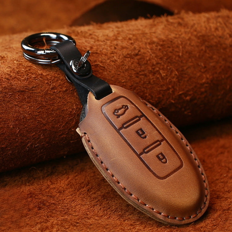 For Nissan Car Cowhide Leather Key Protective Cover Key Case, Three Keys Tailgate Version (Brown)
