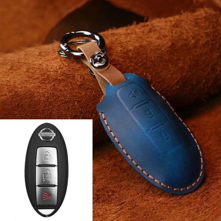 For Nissan Car Cowhide Leather Key Protective Cover Key Case, Three Keys Horn Version (Blue)