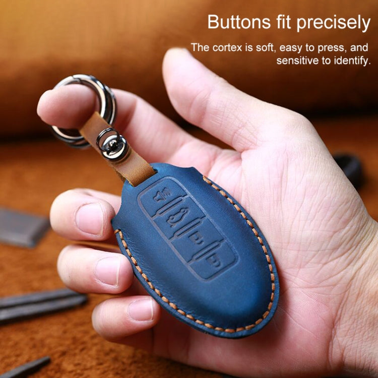 For Nissan Car Cowhide Leather Key Protective Cover Key Case, Three Keys Horn Version (Blue)
