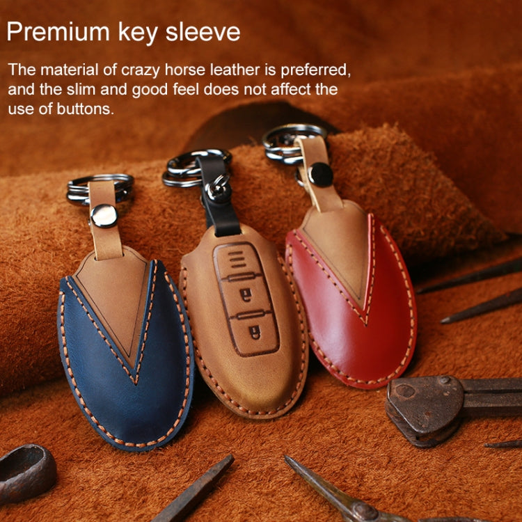 For Nissan Car Cowhide Leather Key Protective Cover Key Case, Three Keys Horn Version (Blue)