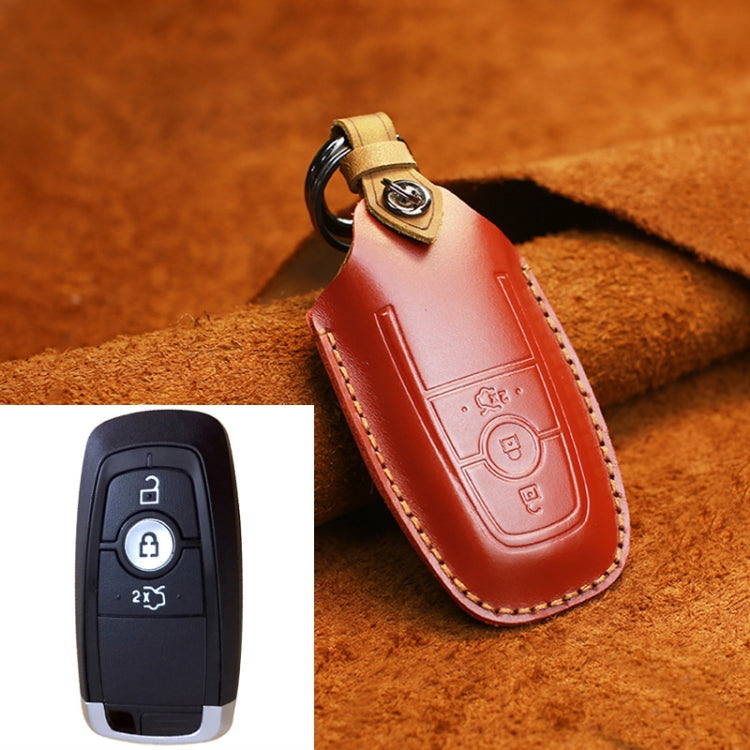 For Ford Car Cowhide Leather Key Protective Cover Key Case, Three Keys Version (Red)