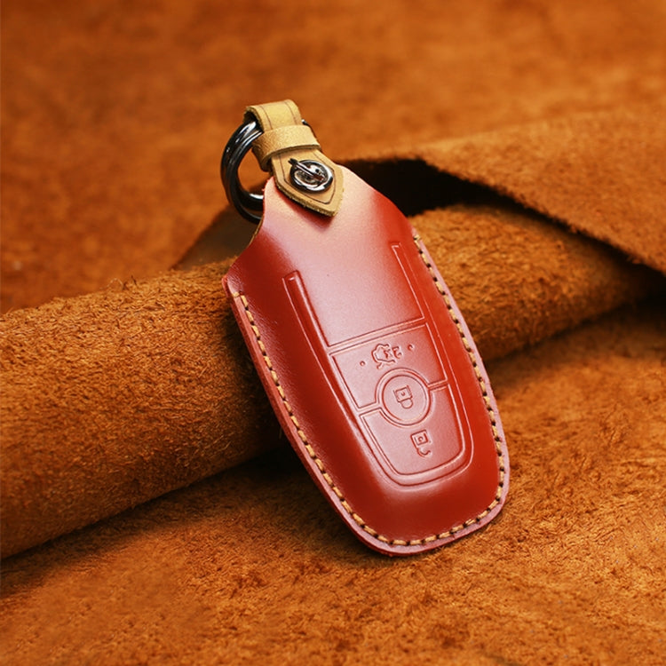 For Ford Car Cowhide Leather Key Protective Cover Key Case, Three Keys Version (Red)