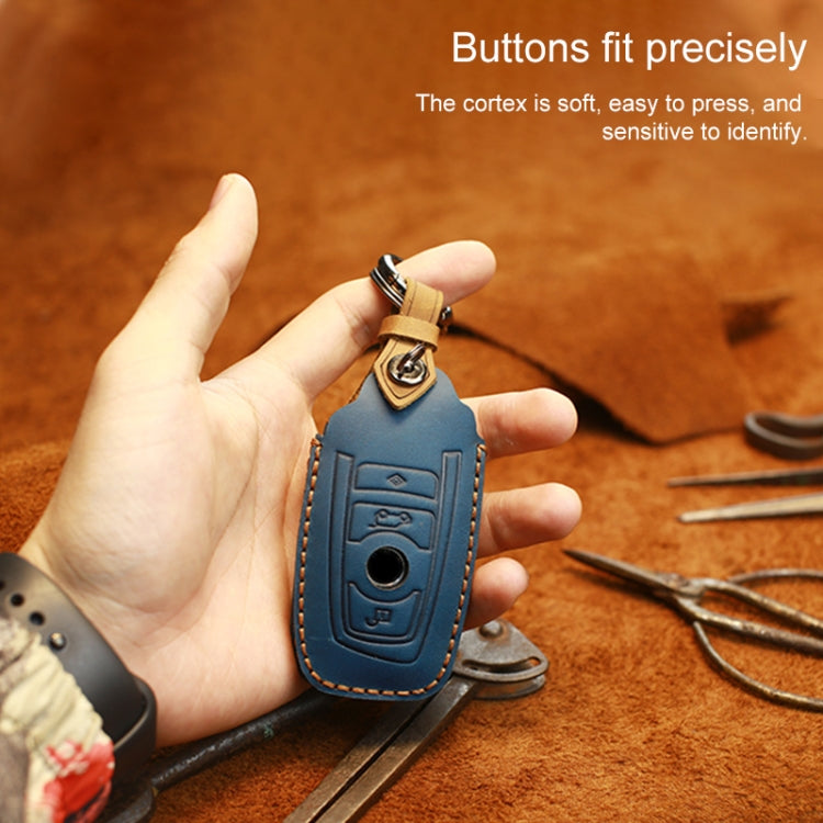 For BMW Old Style Car Cowhide Leather Key Protective Cover Key Case, Three Keys Version (Blue)