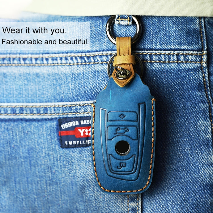 For BMW Old Style Car Cowhide Leather Key Protective Cover Key Case, Three Keys Version (Blue)