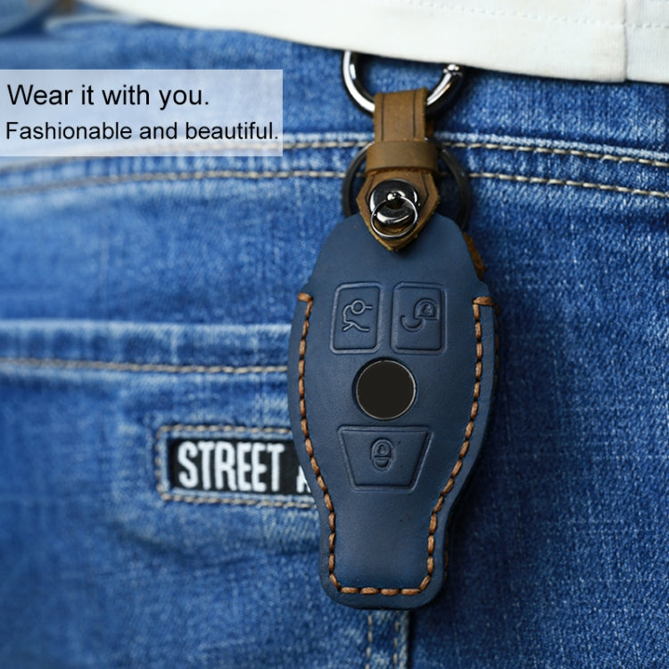 For Mercedes-Benz Old Style Car Cowhide Leather Key Protective Cover Key Case (Blue)
