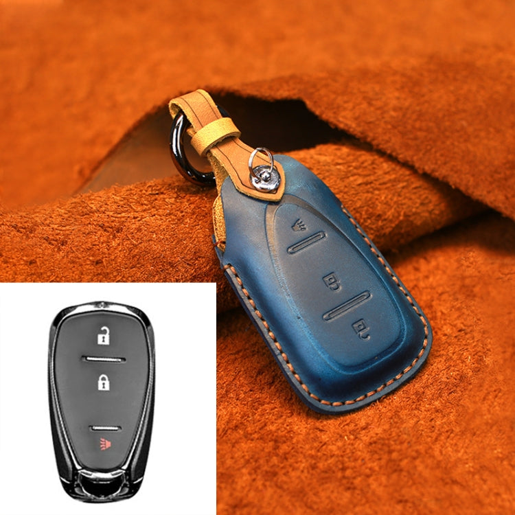 For Chevrolet Car Cowhide Leather Key Protective Cover Key Case, Three Keys Version (Blue)