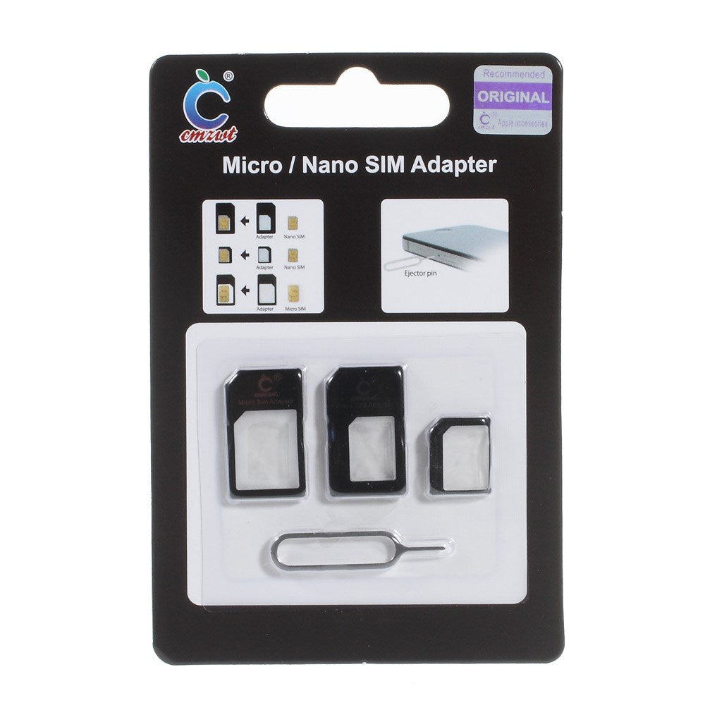 4 in 1 CMZWT Nano SIM to Micro SIM / Standard SIM Card Adapter & Eject Pin for iPhone SE 5s 5c 5 4s 4 iPad - Black