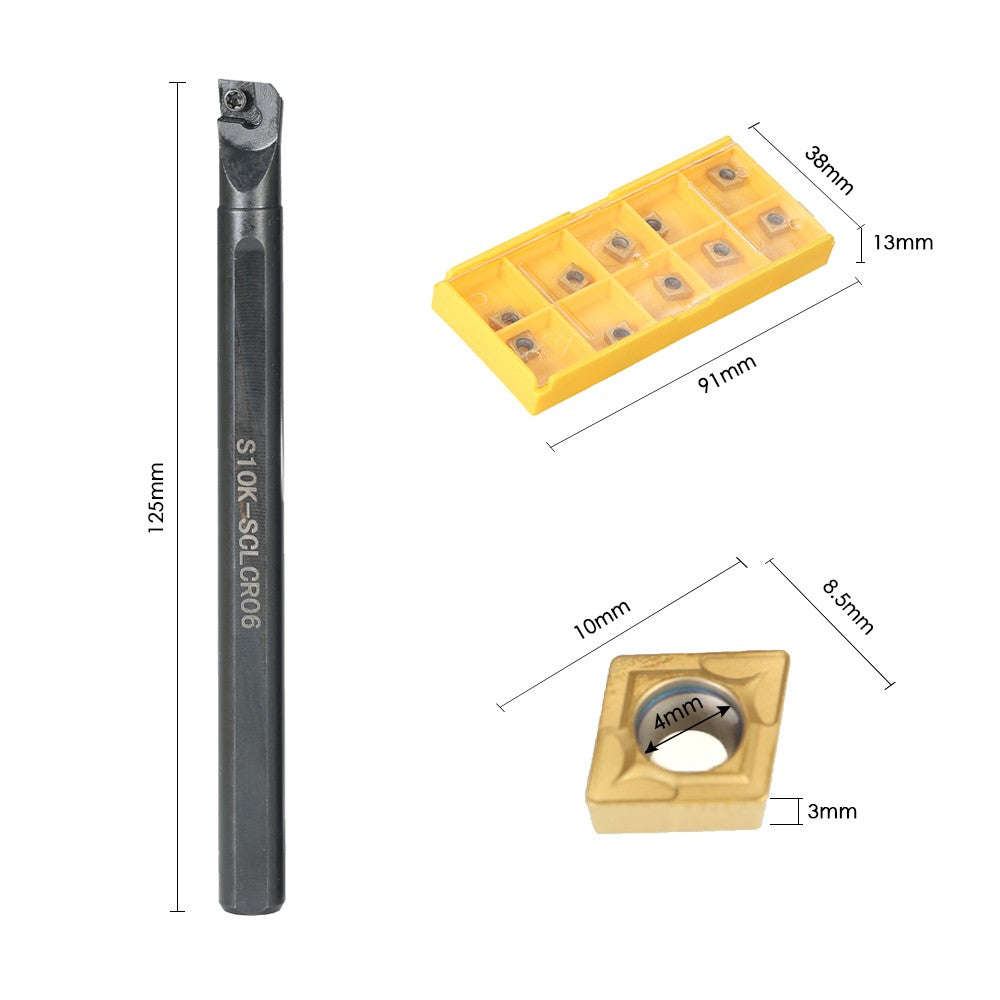 10Pcs/Box CCMT060204-HM Carbide Inserts + 6/7/8/10mm SCLCR06 Holder Boring Bar + 4pcs Wrench CNC Lathe Turning Tool