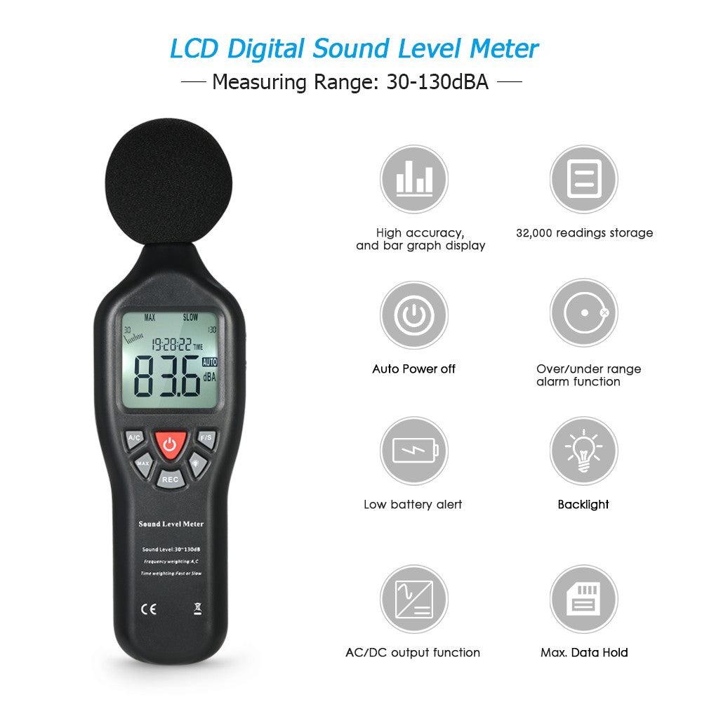 30-130dBA Noise Measuring LCD Digital Sound Level with Data Logging Function Meter Instrument Decibel Monitoring Tester
