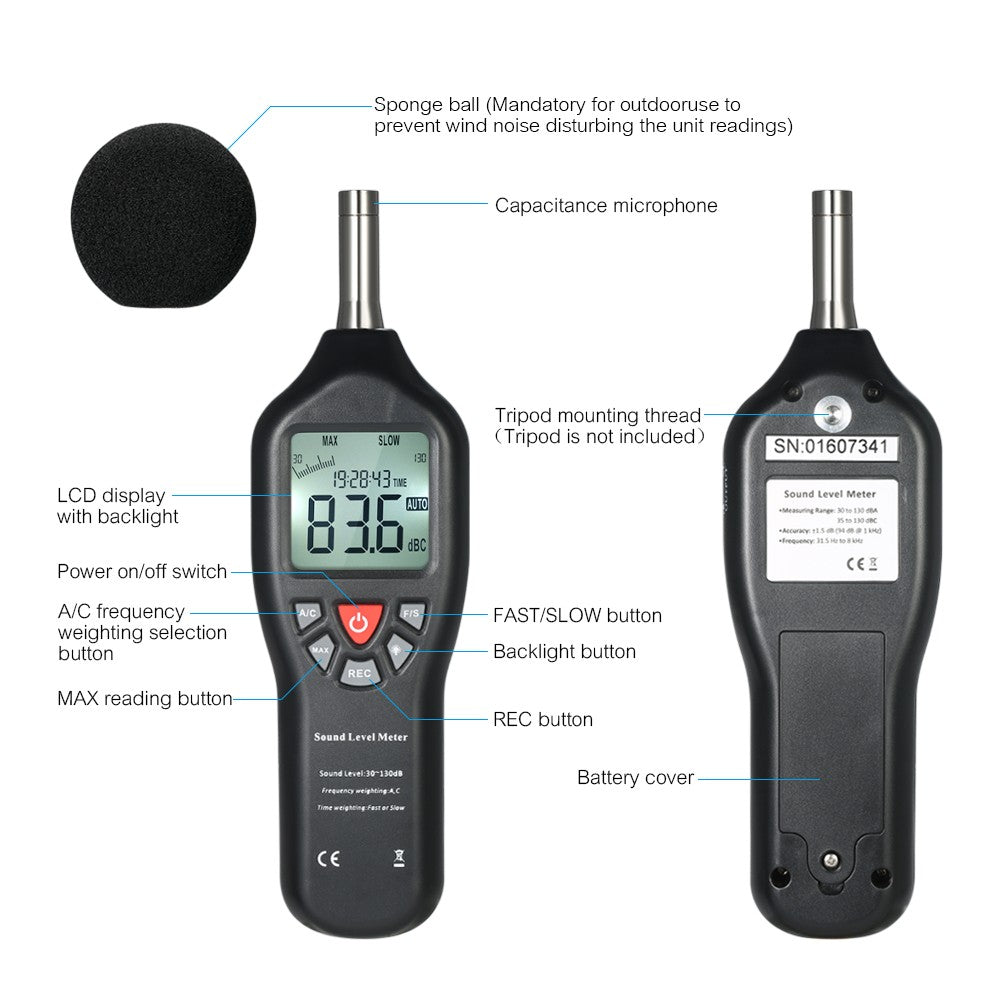 30-130dBA Noise Measuring LCD Digital Sound Level with Data Logging Function Meter Instrument Decibel Monitoring Tester