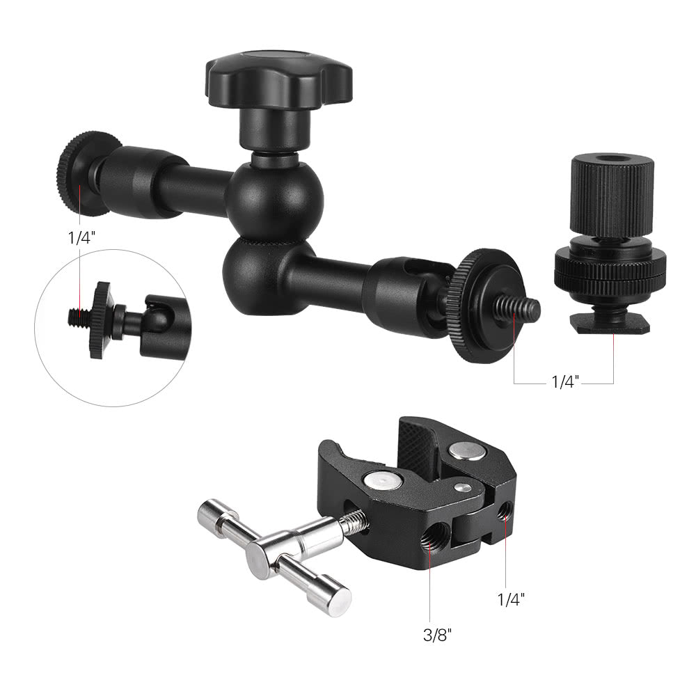 7-inch Friction Arm Adjustable Articulating Arm Plier Clip Clamp Mount for Field Monitor LED Light Flash Microphone