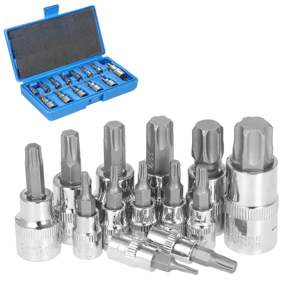 13Pcs Chrome Vanadium Steel Torx Bits Sockets Repair Tools Set 1/4" 3/8" & 1/2" with Storage Case