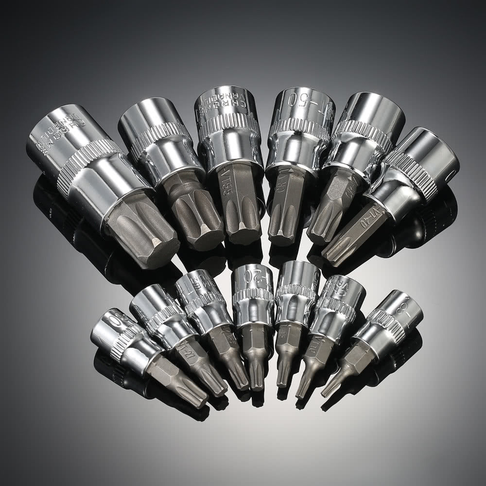 13Pcs Chrome Vanadium Steel Torx Bits Sockets Repair Tools Set 1/4" 3/8" & 1/2" with Storage Case