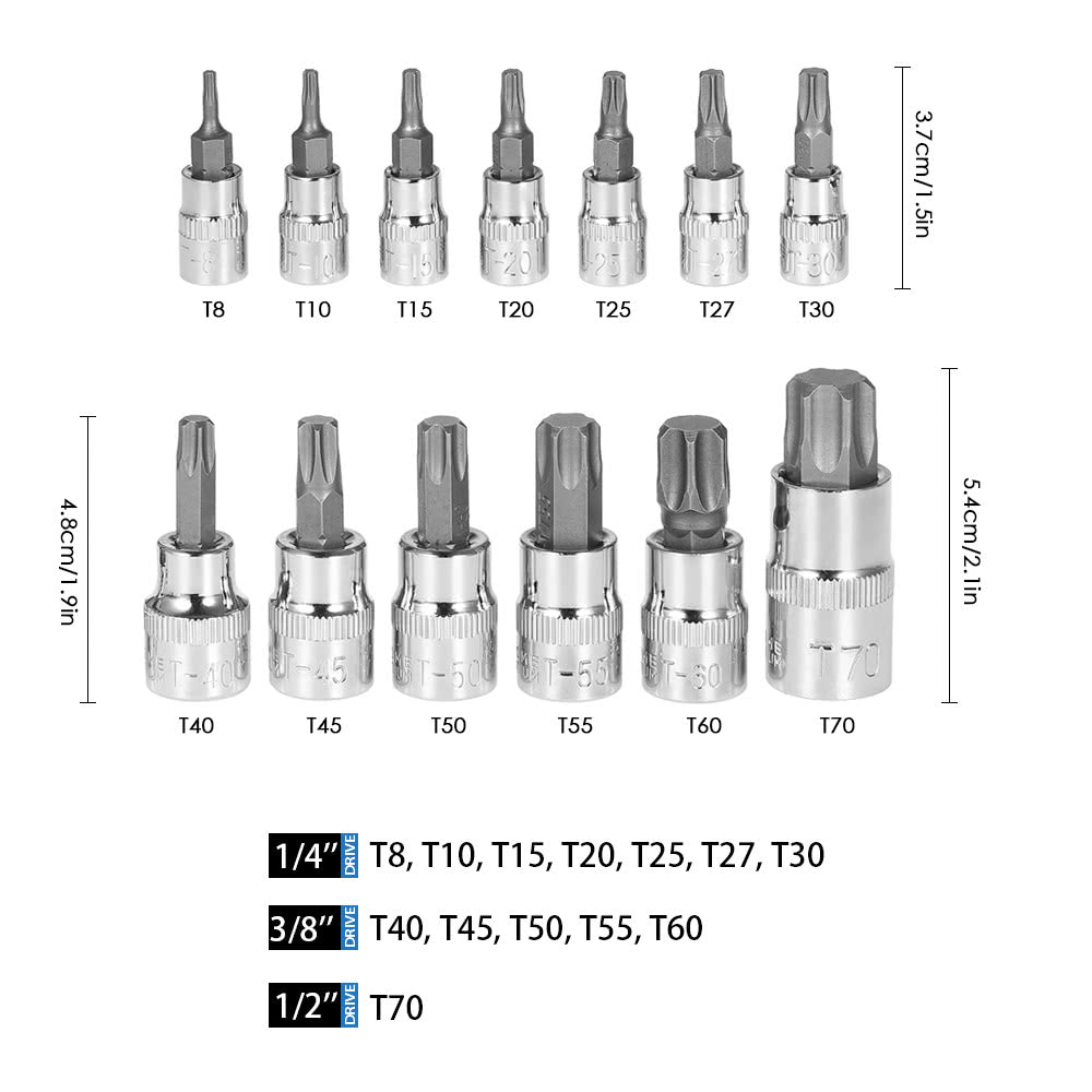 13Pcs Chrome Vanadium Steel Torx Bits Sockets Repair Tools Set 1/4" 3/8" & 1/2" with Storage Case