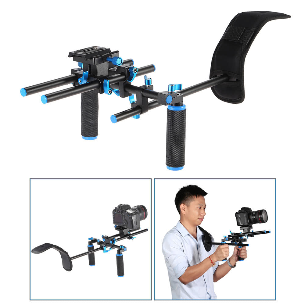 Aluminum Alloy Video Shoulder Mount Stablizer with 1/4inch Screw Mount Slider 15mm Rod Double-hand Handgrip Set C-shaped Holder for DSLR Camera Camcorder