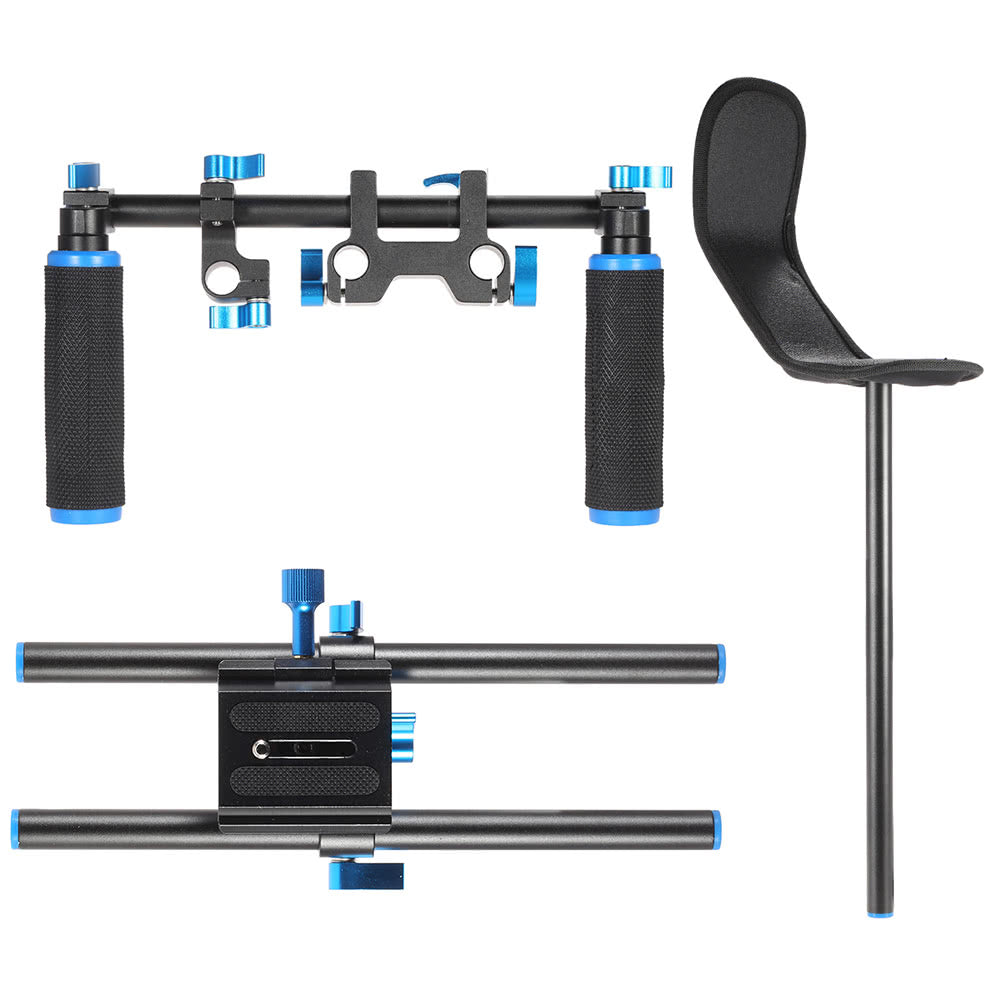 Aluminum Alloy Video Shoulder Mount Stablizer with 1/4inch Screw Mount Slider 15mm Rod Double-hand Handgrip Set C-shaped Holder for DSLR Camera Camcorder