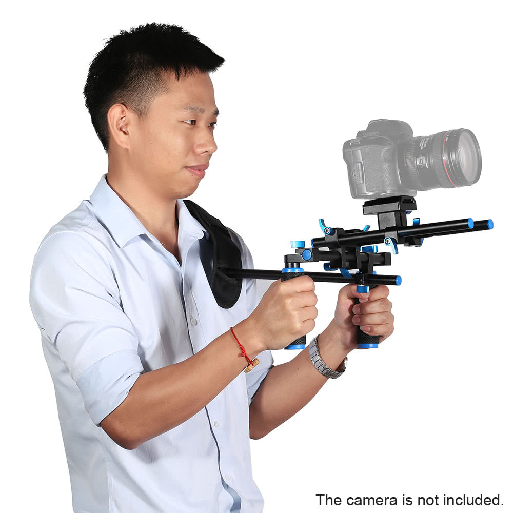 Aluminum Alloy Video Shoulder Mount Stablizer with 1/4inch Screw Mount Slider 15mm Rod Double-hand Handgrip Set C-shaped Holder for DSLR Camera Camcorder