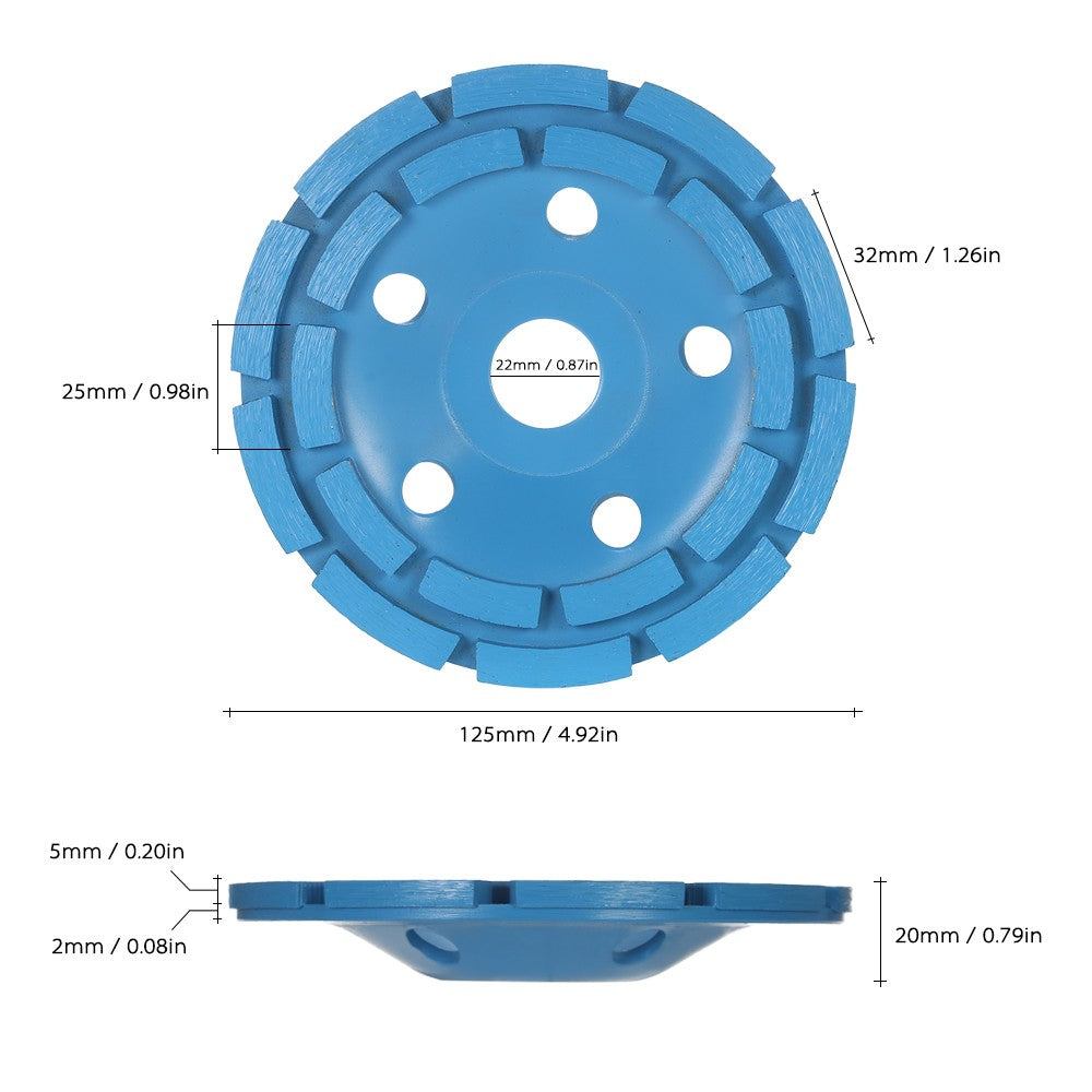 125mm 5" Diamond 2 Row Segment Grinding Wheel Disc Bowl Shape Grinder Cup 22mm Inner Hole - Blue