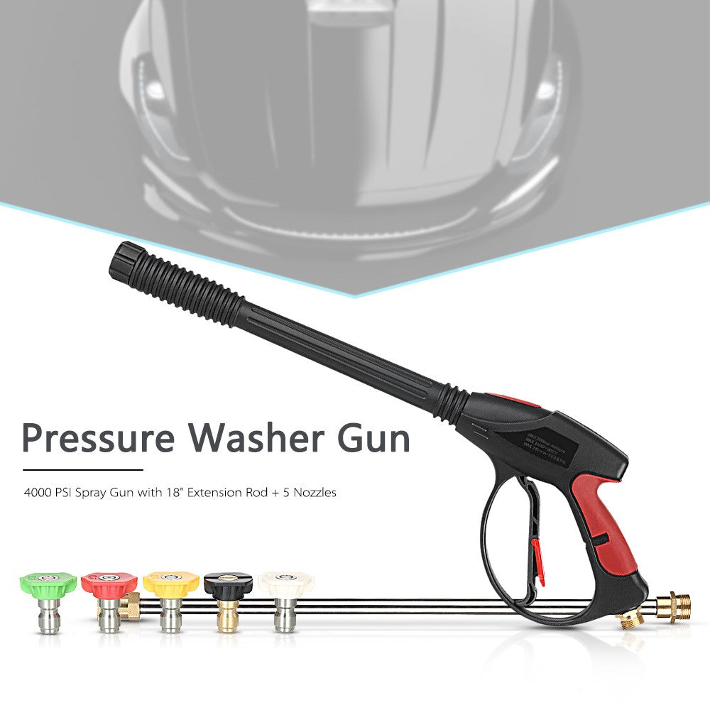 Pressure Washer Gun 4000 PSI Spray Gun with 18" Extension Wand + 4 Quick Connect Nozzles and 1 Soap Nozzle for Car Pressure Power Washers