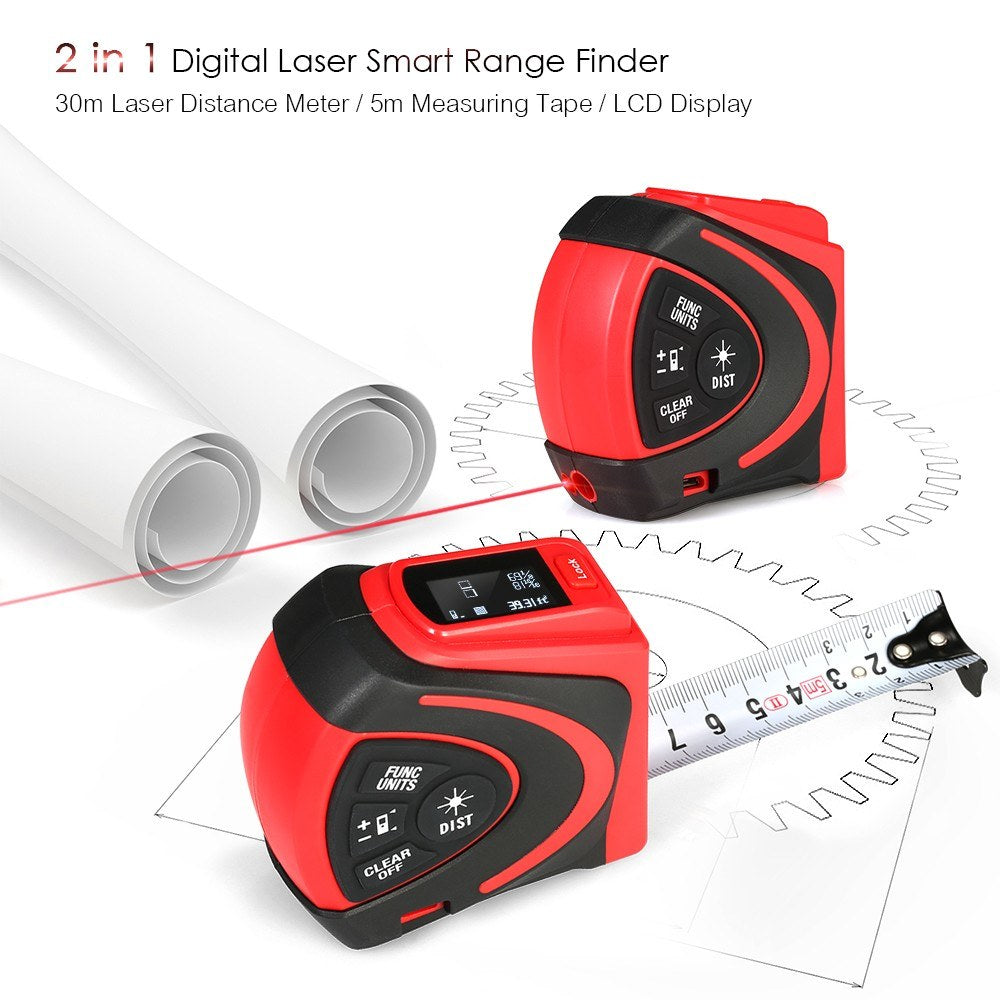 Digital Laser Rangefinder Handheld Infrared Range Finder 2 in 1 5m Measuring Tape 30m Laser Distance