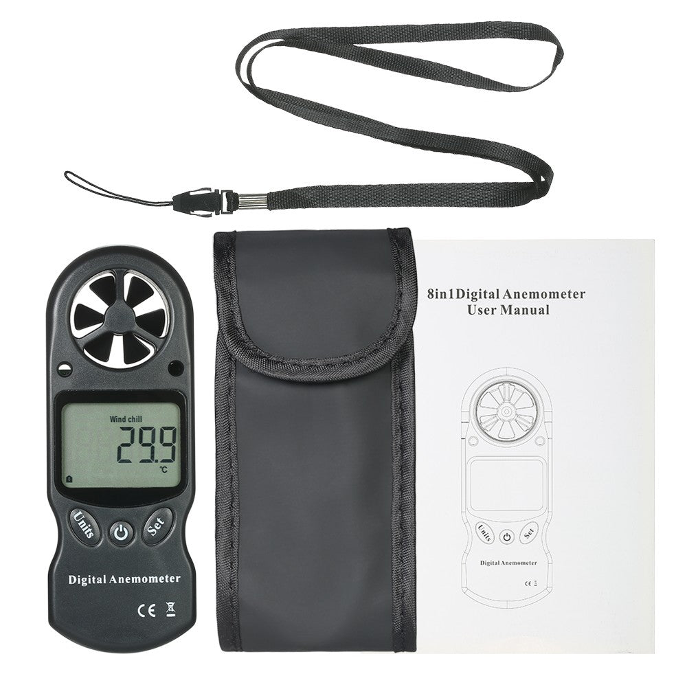 8 in 1 Handheld Digital Anemometer with LCD Backlight - Black