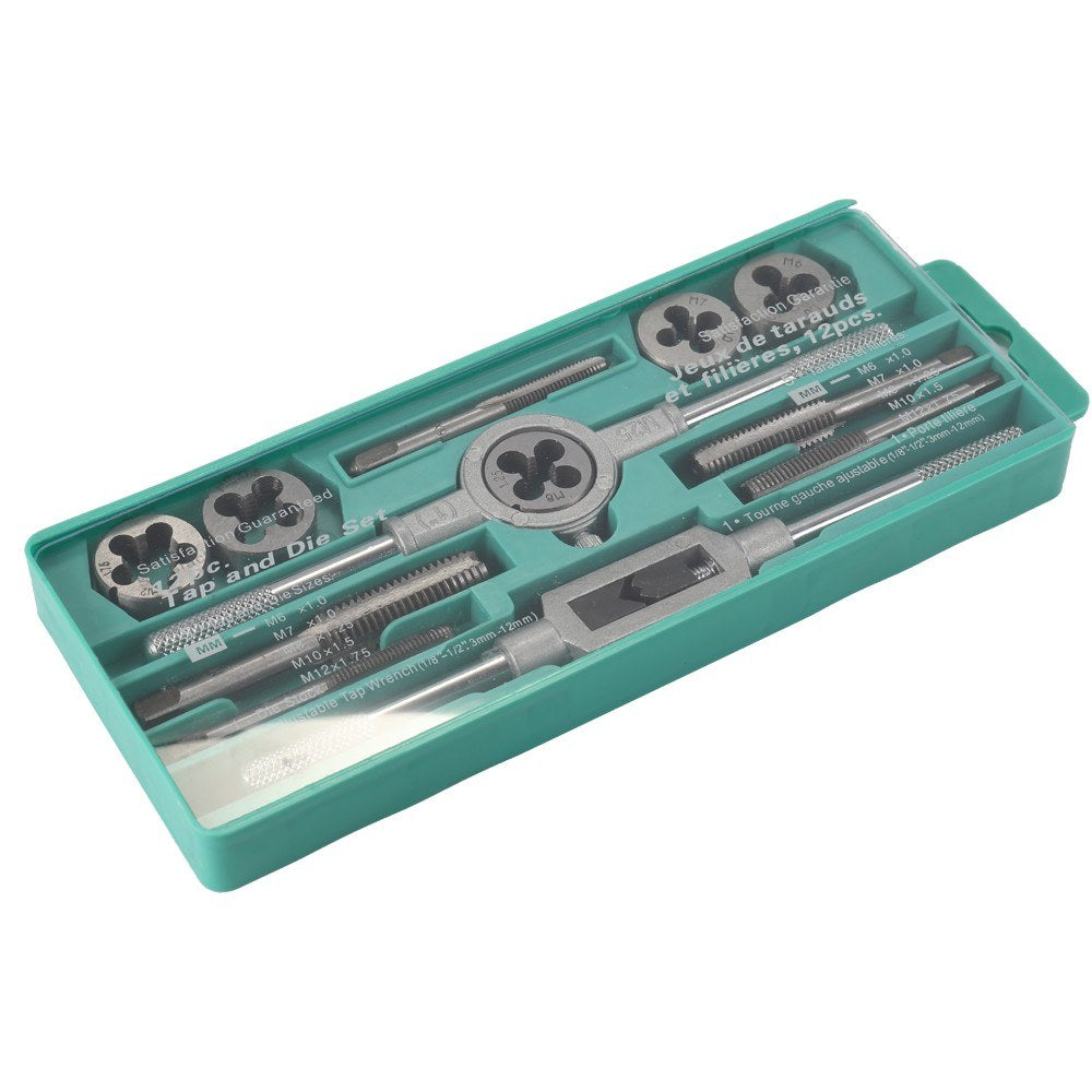 Alloy Steel Tap and Die Tool Set with Adjustable Wrench - 12 PCS