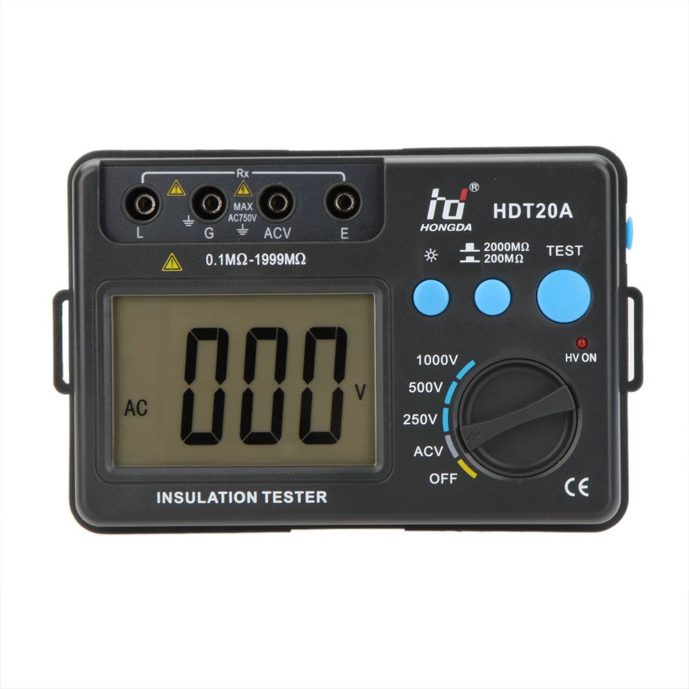 HD HDT20A Insluation Resistance Tester Meter Megohmmeter Voltmeter 1000V LCD Backlight - Grey