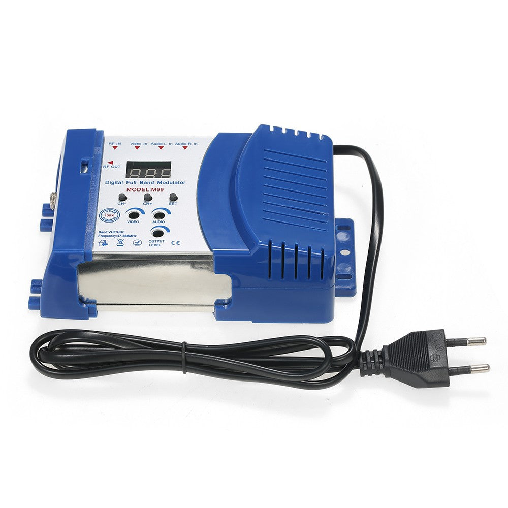Digital RF Modulator TV Link Modulator AC120V RCA Compact RF Modulator Converter IR Extender VHF UHF Signal Amplifier - EU Plug/Blue