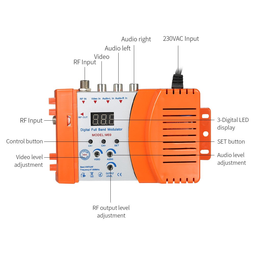 Digital RF Modulator TV Link Modulator AC120V RCA Compact RF Modulator Converter IR Extender VHF UHF Signal Amplifier - EU Plug/Orange