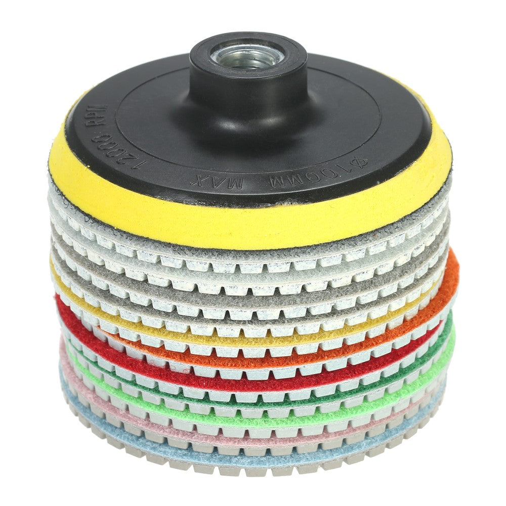 Diamond Wet Polishing Pads Kit 11Pcs 4 inch Stone Polishing Accessories Grinding Disc + 1Pc Backing Pad for Granite Concrete Marble