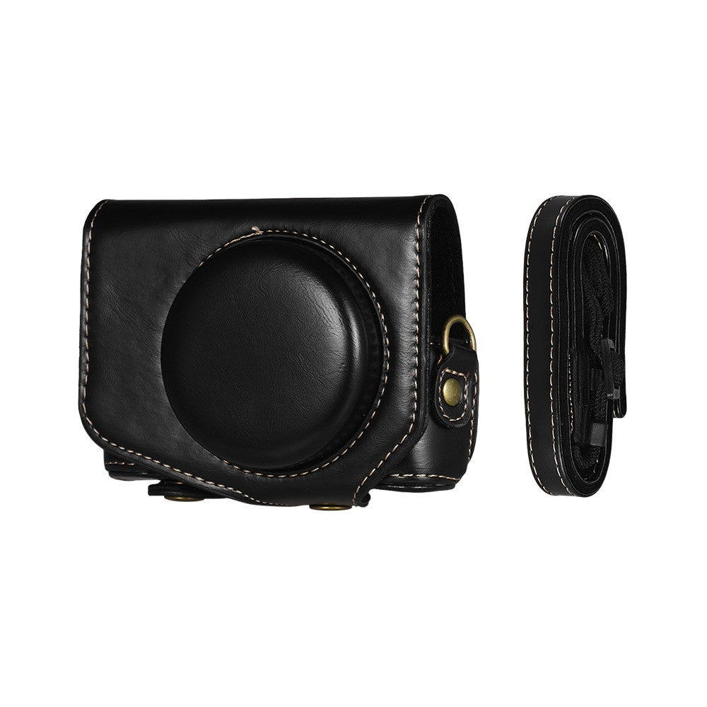 Travel Outdoor Leather Camera Case Cover Bag with Neck Shoulder Strap - Black