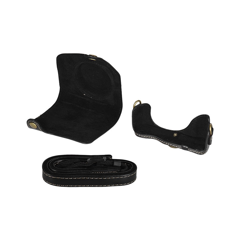 Travel Outdoor Leather Camera Case Cover Bag with Neck Shoulder Strap - Black