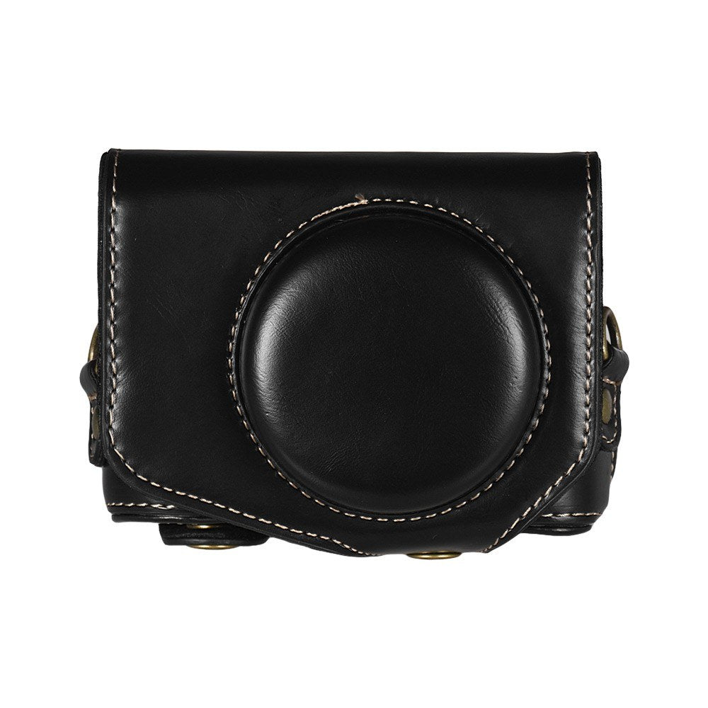 Travel Outdoor Leather Camera Case Cover Bag with Neck Shoulder Strap - Black