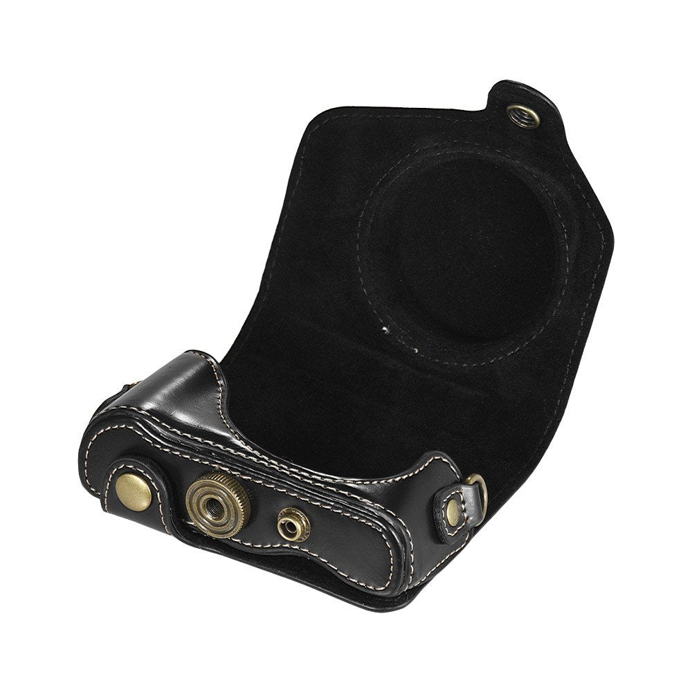 Travel Outdoor Leather Camera Case Cover Bag with Neck Shoulder Strap - Black