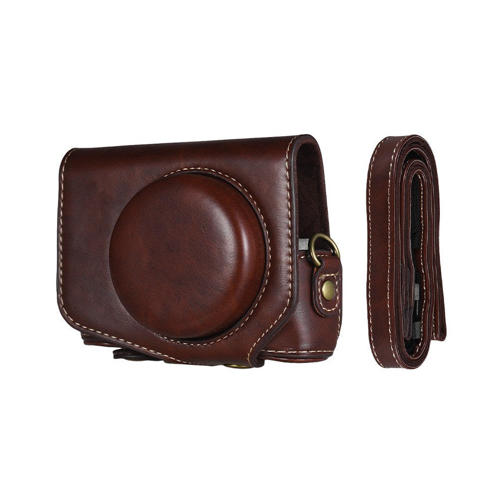 Travel Outdoor Leather Camera Case Cover Bag with Neck Shoulder Strap - Coffee