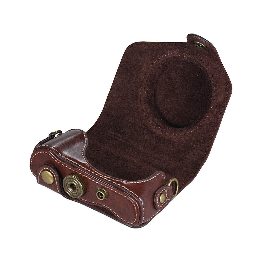 Travel Outdoor Leather Camera Case Cover Bag with Neck Shoulder Strap - Coffee