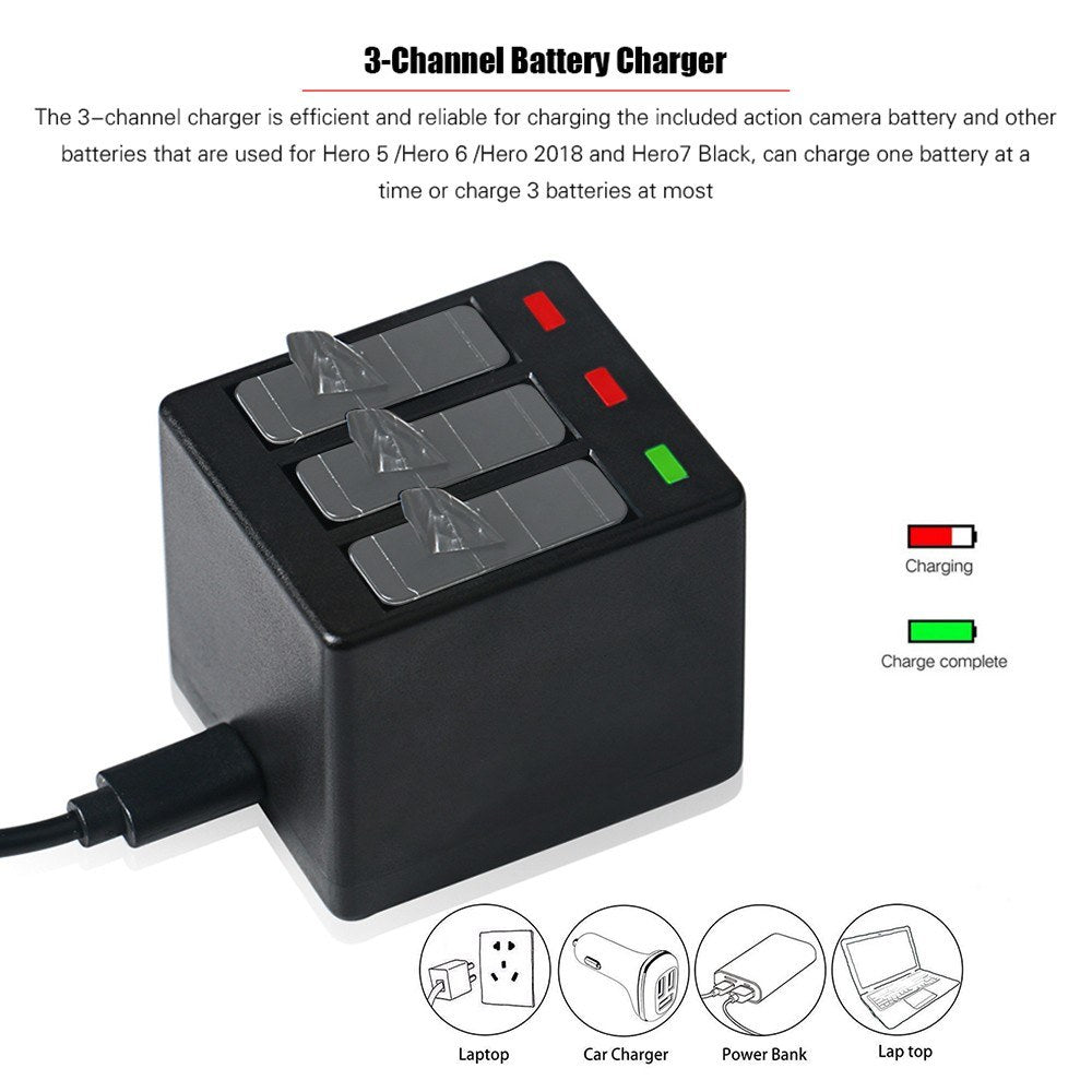 3-Channel Action Camera Battery Charger - Black
