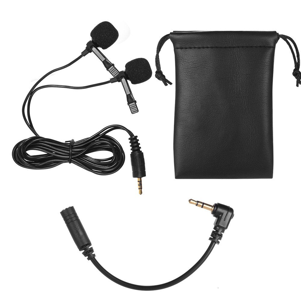 Dual-head Lavalier Lapel Omnidirectional Clip-on Microphone Mic for Smartphone Laptop Camera 3.5mm Audio Plug Devices for Program Video Recording Interview Webcast