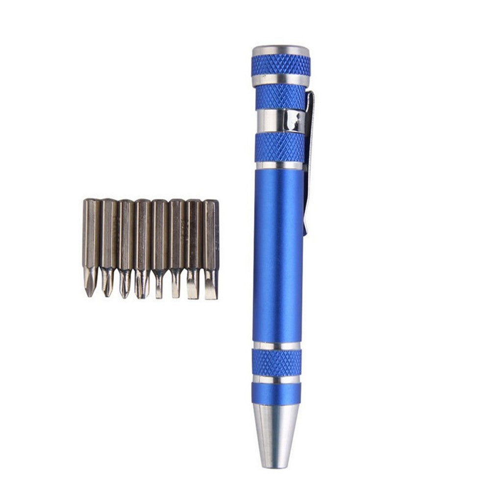 Eight-in-one Multi-function Pocket Screwdriver with Magnetic Mini Aluminum Tool Pen - Blue