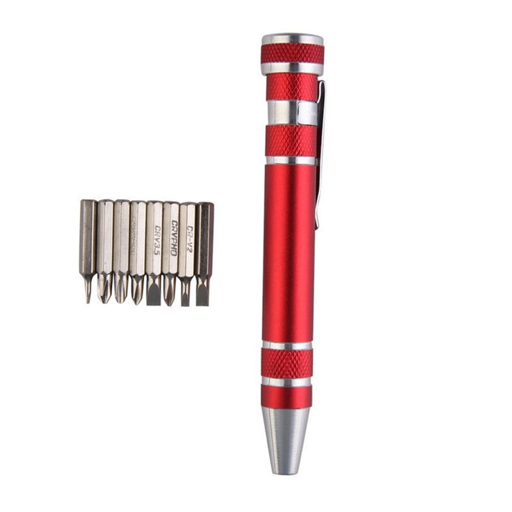 Eight-in-one Multi-function Pocket Screwdriver with Magnetic Mini Aluminum Tool Pen - Red