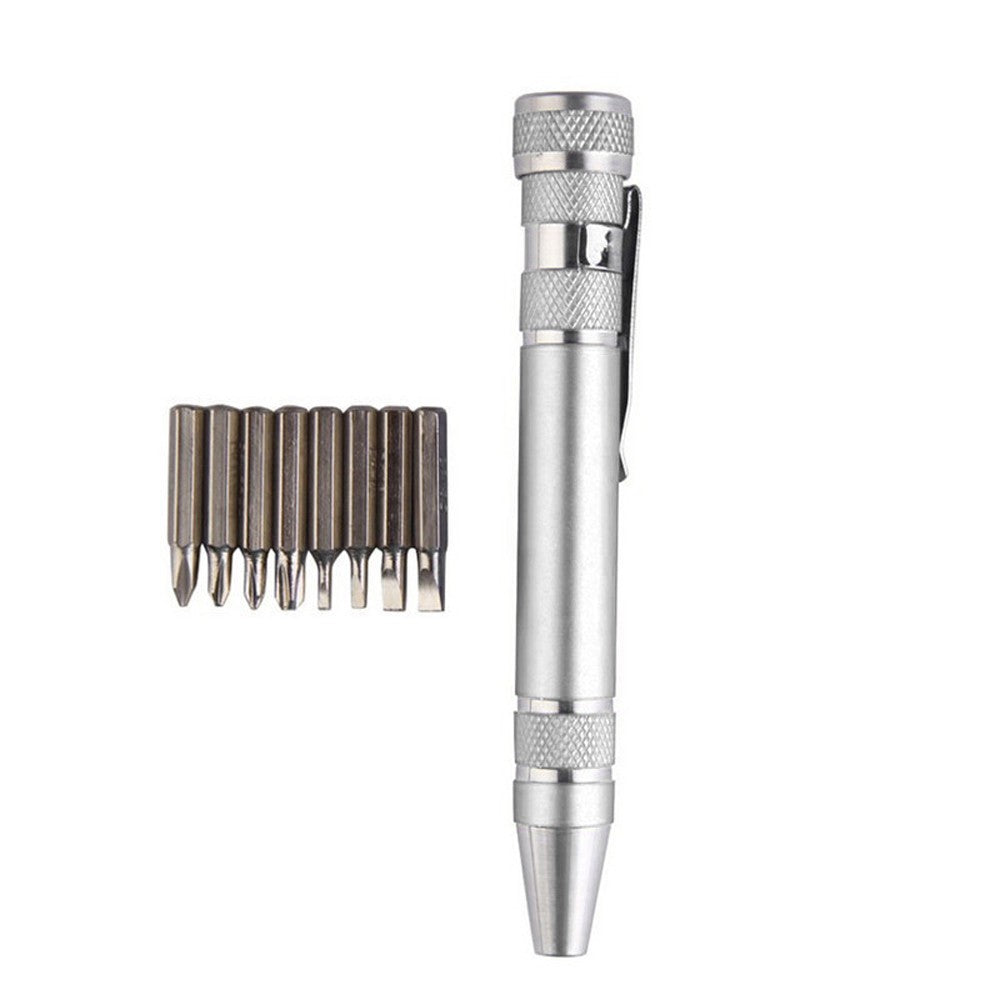 Eight-in-one Multi-function Pocket Screwdriver with Magnetic Mini Aluminum Tool Pen - Silver