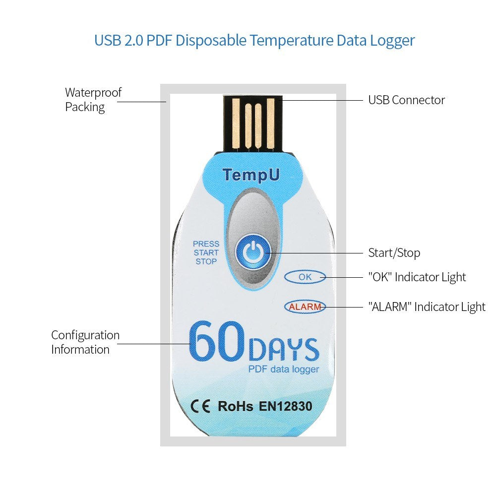 Waterproof USB 2.0 PDF Disposable Temperature Data Logger 60 Days Cold Chain Thermometer Recorder