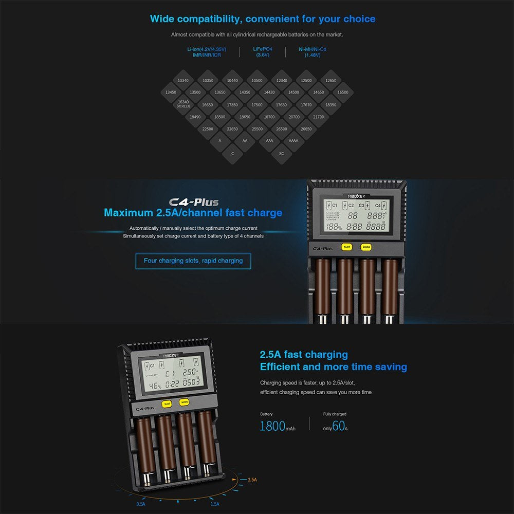 MIBOXER C4-plus Battery Charger Intelligent Universal 2.5A 4 Bay LCD Display - Black