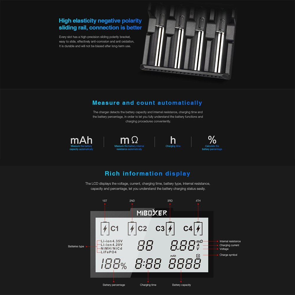 MIBOXER C4-plus Battery Charger Intelligent Universal 2.5A 4 Bay LCD Display - Black