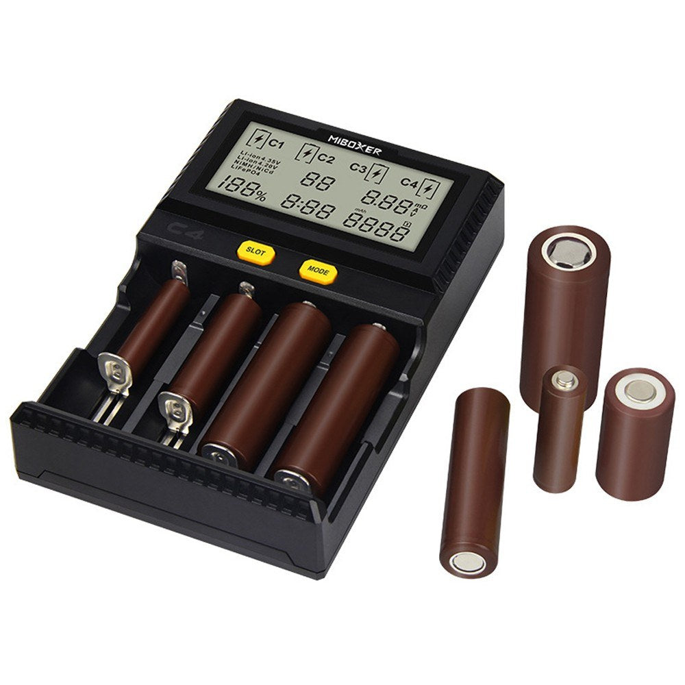 MiBOXER Intelligent Universal 1.5A 4 Bay LCD Display Battery Charger for 18650 Li-ion LiFePO4 Ni-MH Ni-Cd AA 21700 18490 17670 R13650 17355 16340